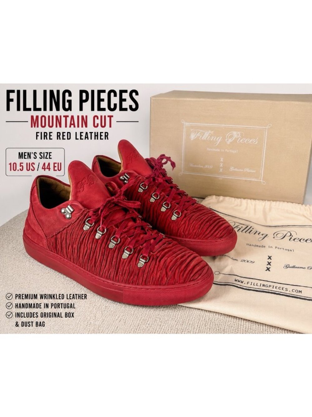Filling Pieces Mountain Cut Fire Red Leather Sneakers Men’s US 10.5 EU 44 w/Box
